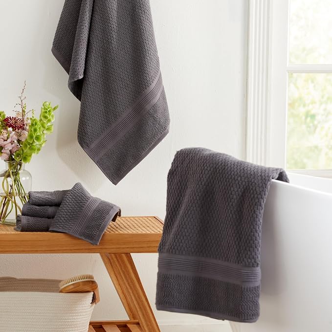 Market & Place 100% Cotton Waffle Weave 6 Piece Towel Set – Soft, Quick-Dry Bath, Hand & Washcloth Towels – Lightweight, Textured Bathroom Set – Charcoal | Zoey Collection