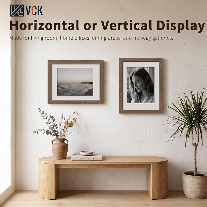 VCK 12x16 Picture Frames Walnut 3 Pack, Wide Border Wood, Tempered Glass, Display 8.5x11 Poster Photo with Mat or 12 x 16 Without, for Home, Office, Gallery, Woodgrain Series, Wall Hanging