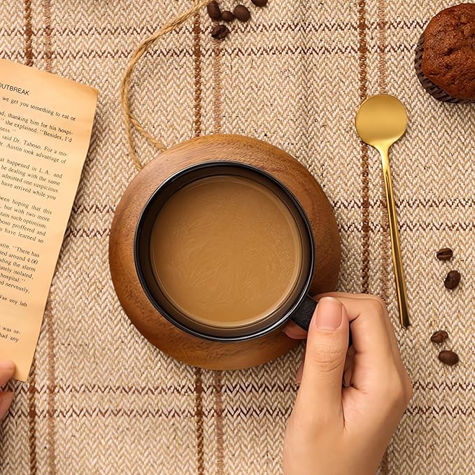 Ceramic Coffee and Tea Cup with Natural Acacia Wood Saucer (8 Oz), Best for Latte, Cappuccino, Tea or Espresso. Unglazed Porcelain Arty Mug (Pure black)