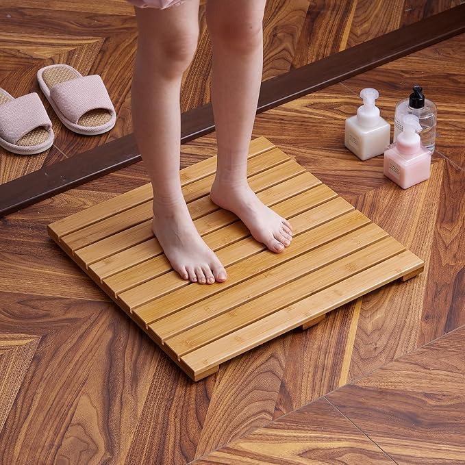Bamboo Bath Mat for Shower with Non-Slip Rubber,Bathtub Mat,Floor Mat,Shower Mat for Indoor,Outdoor,Spa, Sauna, Pool (Natural, 20 * 20 * 1.4 inches)