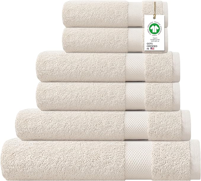 100% Organic Cotton Towel 650 GSM Plush Feather Touch Quick Dry Towel, 6-Piece Towel Set GOTS Certified, Oeko-Tex Green Certified, 1 Bath Towel, 1 Bath Sheet, 2 Hand Towels & 2 Wash Cloths