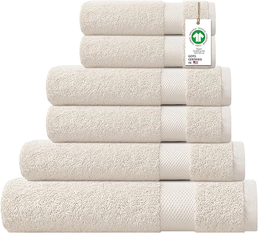 100% Organic Cotton Towel 650 GSM Plush Feather Touch Quick Dry Towel, 6-Piece Towel Set GOTS Certified, Oeko-Tex Green Certified, 1 Bath Towel, 1 Bath Sheet, 2 Hand Towels & 2 Wash Cloths