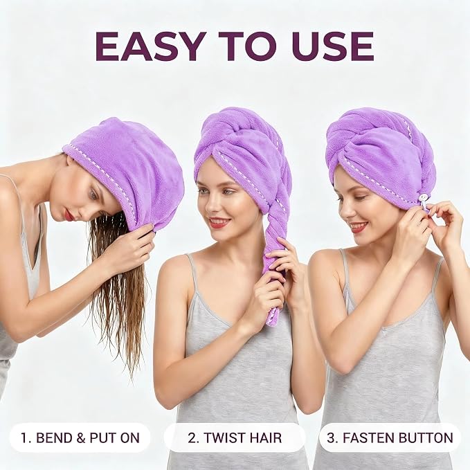Microfiber Hair Towel 4 Pack, Hair Towel Wrap Quick Dry Hair Hat Anti-frizz Head Turban with Button, Wet Curly Hair Towels for Women (Blue & Pink & Purple & Red)