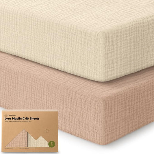 KeaBabies 2-Pack Muslin Crib Sheets for Boys, Girls - 100% Organic Cotton Fitted Baby Crib Mattress Sheet, Soft Breathable Standard Toddler Bed Cover Bedding Set, Neutral, Durable 52x28 (Almond)