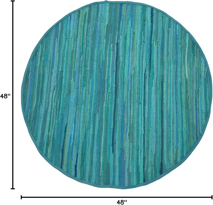 Cotton Hand Woven Chindi Area Rug 4 Feet Round - Teal, Reversible Circle Green Dinning Space Floor Rugs Ideal for Bedroom, Living Room, Kitchen | Large Farmhouse Recycled Patio Mats for Balcony Décor