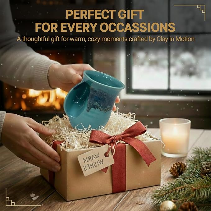 Clay in Motion Hand Warmer Coffee Mug – Handmade Coffee Mug With Comfortable Handle Contoured Pocket Hand Warming Ceramic Coffee Mug – Proudly Made in USA – Left Handed – 14 Oz - Raging Rapid