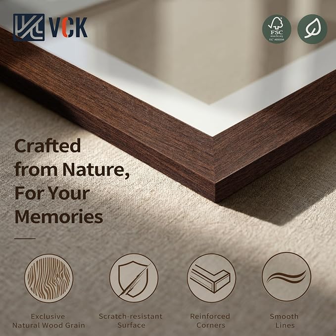 VCK 16x20 Picture Frames Brown - 3 Pack, Wide Border Wood, Tempered Glass, Display 12x16 Photo with Mat or 16 x 20 Without, for Home, Office, Gallery, Woodgrain Series, Wall Hanging