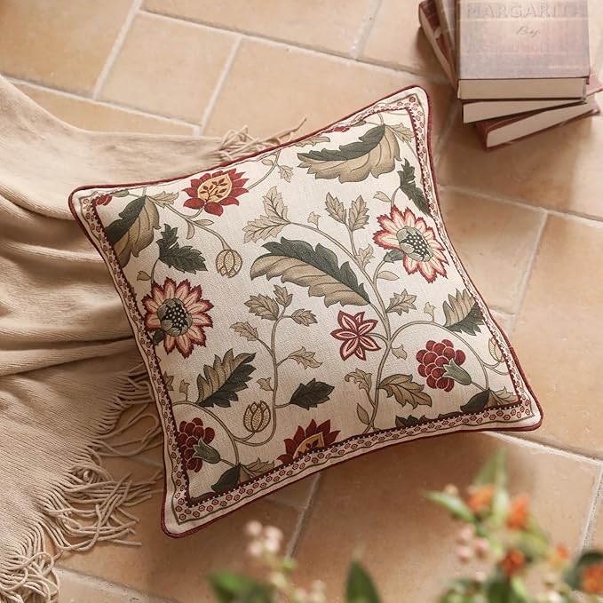 ISAENNE Design Square Pink Floral Linen Throw Pillow Covers 18"x18" Pack of 2, Vintage Country Flowers Pattern Cushion Covers Decor Pillowcases for Bed,Living Room,Outdoor,Car