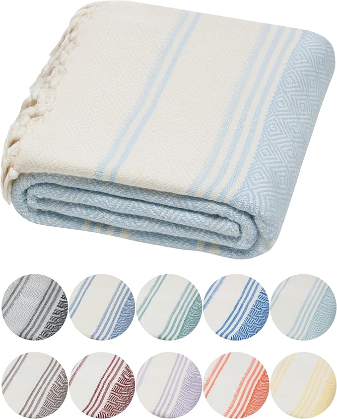 DEMMEX Organic Turkish Cotton Ultra Soft Bath and Beach Towel - Luxury Oversized Peshtemal for Bathroom and Beach - Lightweight Quick-Drying Beach Towel - Prewashed, Diamond Weave, 71x36'' (Sky Blue)
