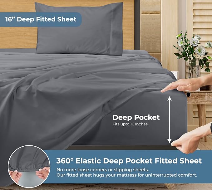 ROYALE LINENS 100% Organic Cotton Twin XL Sheet Set - Percale Weave - 3 Pieces Set - 1 Flat, 1 Deep Pocket Fitted Sheet and 1 Pillowcases - Grey Bed Sheets - Sábanas Twin XL - Crisp Cool (Grey)