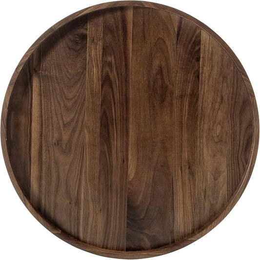 28x 28 inches King Sized Round Ottoman Table Tray, Oversized Solid Wooden Black Walnut Decorative Serving Tray with Handles, Extra Large Circle Platter for Oversized Ottoman Bed