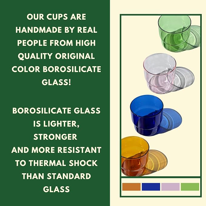 Set of 4 Colored Glass Cups (10oz) - Retro/Vintage Stackable Glassware - Juice, Coffee, Water, Cocktail Drinking Glasses/Cup/Tumbler (Green, Amber, Blue, Pink)