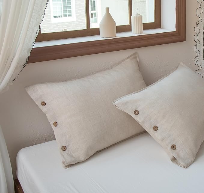 EVERLY 100% Linen Pillowcases Set of 2, French Linen from Normandy, 20X30Inch Queen Size, Natural Color, Coconut Buttons Closure, Flax Pillowshams-Pillowcase-Linen