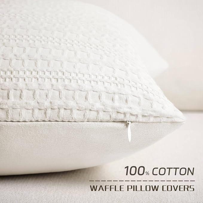 ZeeMart 100% Cotton Waffle Textured Throw Pillow Covers Set of 2, 24x24 Inch Ivory, Soft Farmhouse Decorative Couch Pillow Cases Off White Cushion Covers for Sofa Bed Living Room Home Decor