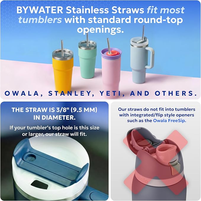 Made in USA 8.5" Stainless Steel Straw Set of 2 – FOR OPEN STRAW LIDS ONLY. Not compatible with flip style lids where straw inserts below lid.