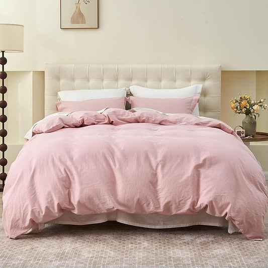 Simple&Opulence French Linen Duvet Cover Set 78" x 86"- 3 Pieces (1 Comforter Cover,2 Pillowcases)- Natural Flax Cotton Blend-Solid Color Breathable Farmhouse Bedding- Pale Pink, Full