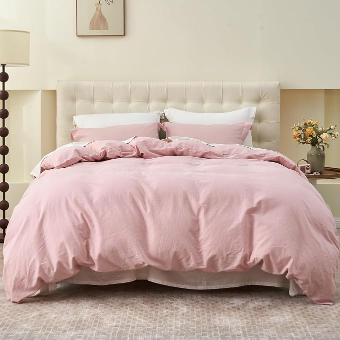 Simple&Opulence French Linen Duvet Cover Set- 104"x 92" - 3 Pieces (1 Comforter Cover,2 Pillowcases)-Natural Flax Cotton Blend-Solid Color Breathable Farmhouse Bedding - Pale Pink, King