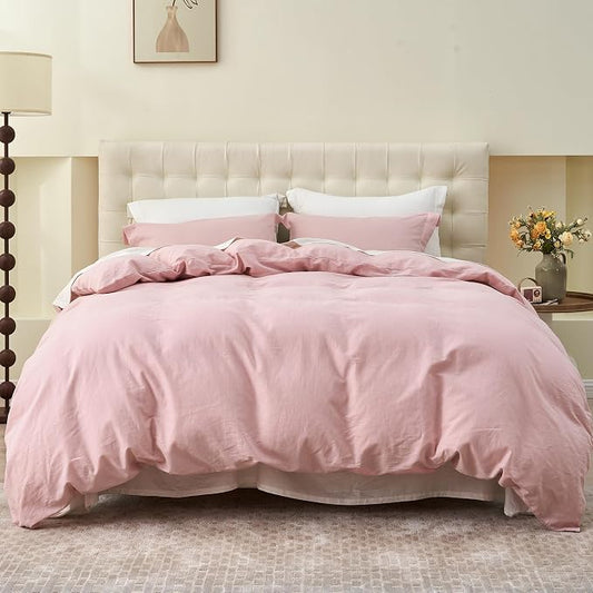 Simple&Opulence French Linen Duvet Cover Set- 104"x 92" - 3 Pieces (1 Comforter Cover,2 Pillowcases)-Natural Flax Cotton Blend-Solid Color Breathable Farmhouse Bedding - Pale Pink, King
