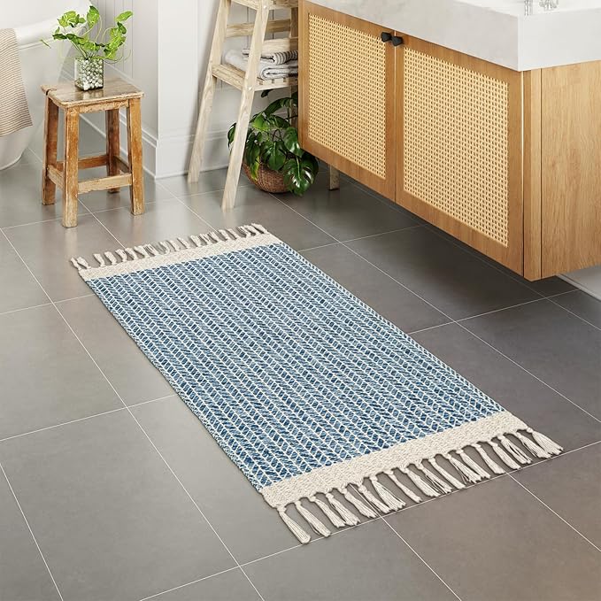 Lahome Belle Boho Laundry Room Rug Runner, 2x4.3 Bathroom Runner Rug Lightweight Kitchen Rugs Woven Cotton Throw Mat with Tassels, Farmhouse Washable Blue Rugs Low Pile for Bedroom Door Mat