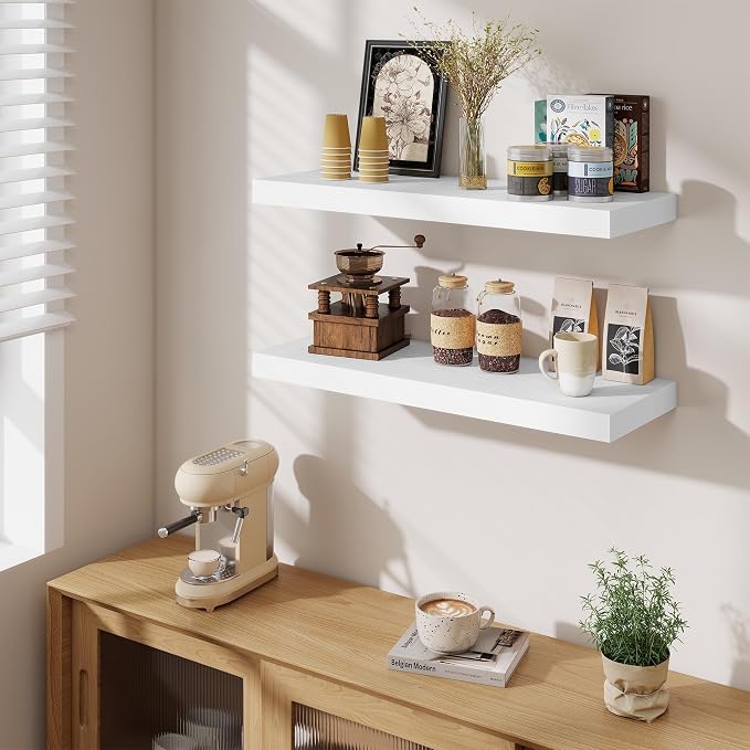 Fun Memories Floating Shelves for Wall, 30 Inch Long Floating Shelves Set of 3, 30 x 10 Wooden Shelves for Wall, Large Storage Shelves, Hanging Shelves for Bathroom Kitchen Bedroom, White