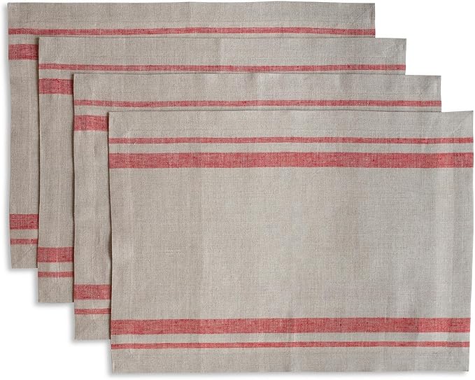 Solino Home Linen Placemats Set of 4 - French Stripe Red and Natural Placemats 14 x 19 Inch - 100% Pure Linen Table Mats