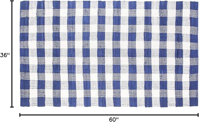 GLAMBURG Cotton Reversible Area Rug 3' x 5' Farmhouse Floor Mat, Handwoven Washable Carpet Checkered Plaid Rug for Front Porch Living Room Kitchen Bedroom - Blue White