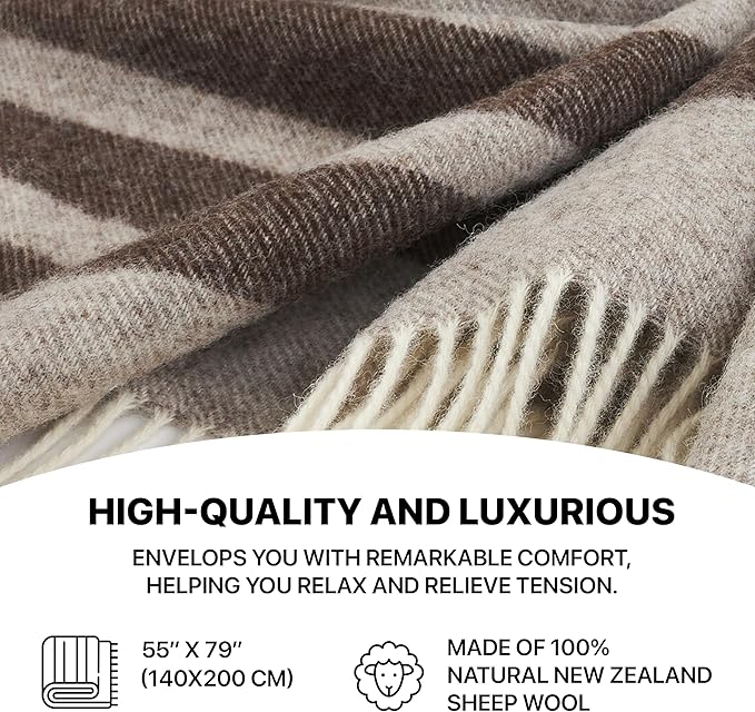 | Wool Blanket/Throw | 100% New Zealand Wool | Perfect for Home and Outdoors | Virgin Wool Blanket with Fringes 55"x79"(140 x 200 cm) (Latte Grey)
