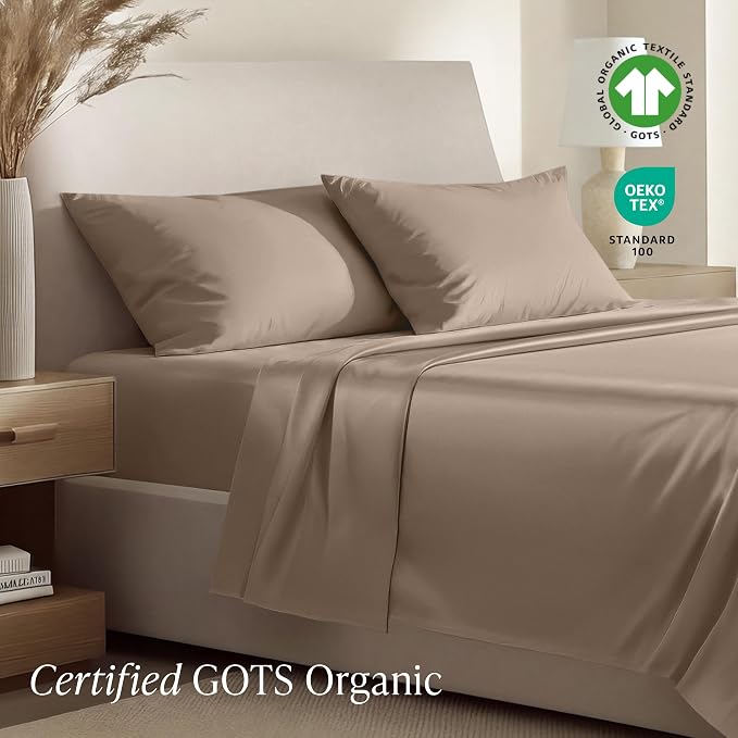 Bare Home 100% Organic Cotton Queen Sheet Set - 400 Thread Count - Smooth Sateen Weave - Breathable & Cooling - Hotel Luxury Set - Deep Pocket Bed Sheets (Queen, Taupe)