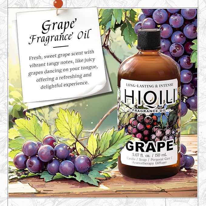 HIQILI Grape Fragrance Oil for Diffusers, Perfume & Room Spray - 5.07 Fl Oz | for Making Candles, Hand Soap, Air Freshener, Long Lasting Fruity Scents - 150 ML