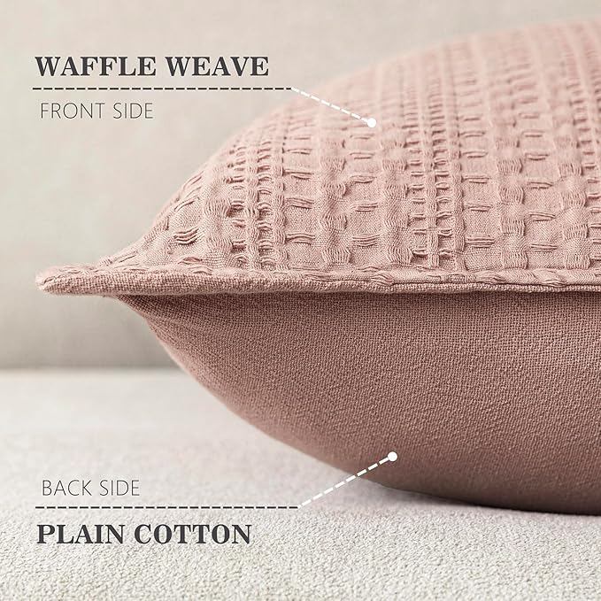 Foindtower Set of 2 Decorative Cotton Waffle Weave Throw Pillow Covers Euro Shams Cushion Covers Accent European Pillowcase for Bed Couch Sofa Bedroom Living Room Home Decor 18×18 Inch Dusty Pink