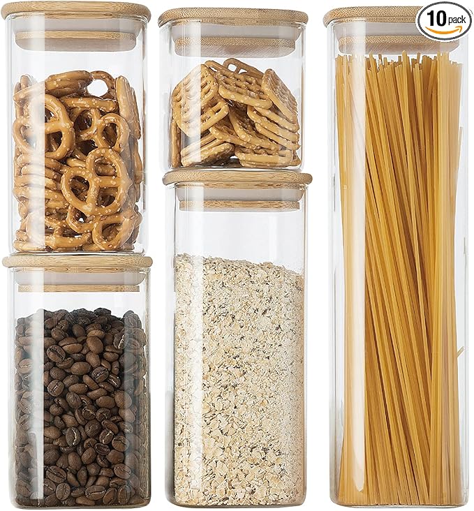 GENICOOK Glass Food Storage Jars,Spaghetti Pasta Storage Container,Borosilcate Glass Canister Set with Eco-Friendly Bamboo Lids for Noodles Flour Cereal Coffee Beans - 10 pc set