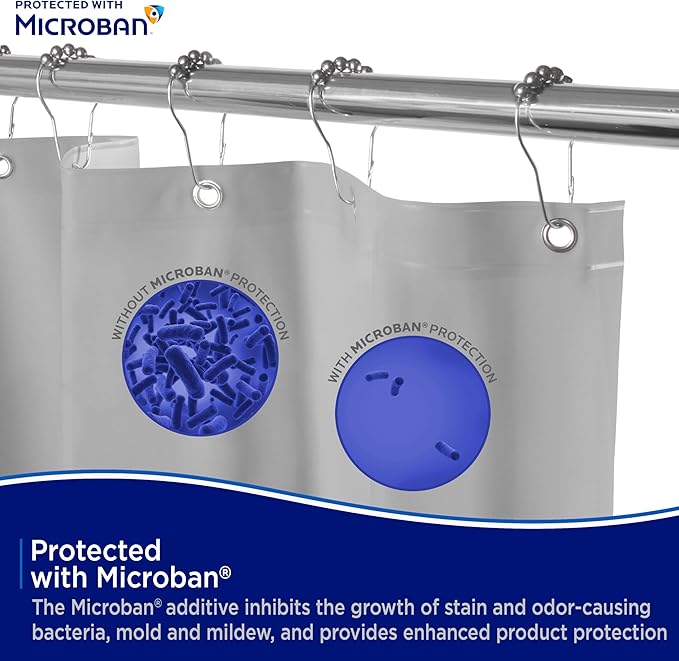 Kenney - Microban PEVA Shower Curtain Liner, Waterproof Medium-Weight 4.8 Gauge Design with Rust-Resistant Metal Grommets and Weighted Magnetic Hem, 70" x 72", Gray