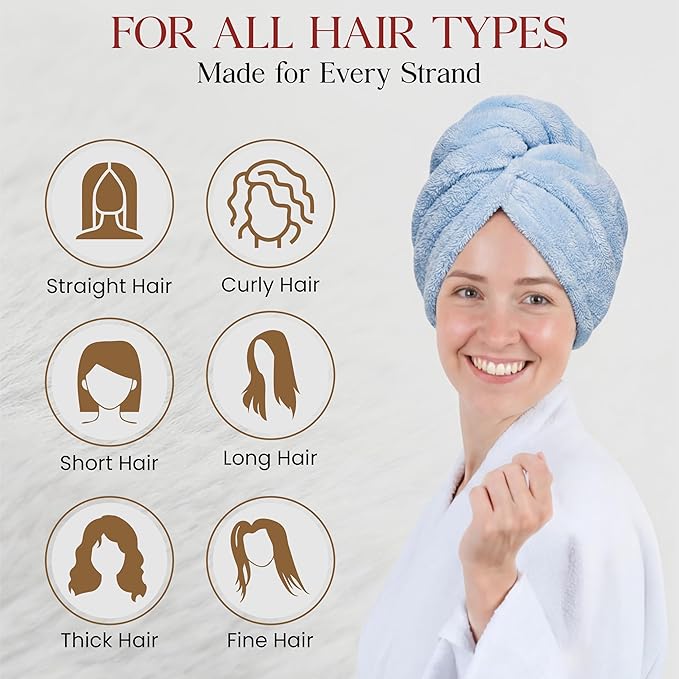 3 Pack Large Microfiber Hair Towel Wrap for Women 30 x 10 in | Hair Drying Towel with Button | Hair Turban Towel Quick Dry Waffle Coral Fleece Head Towels (Pink + Blue + Grey)