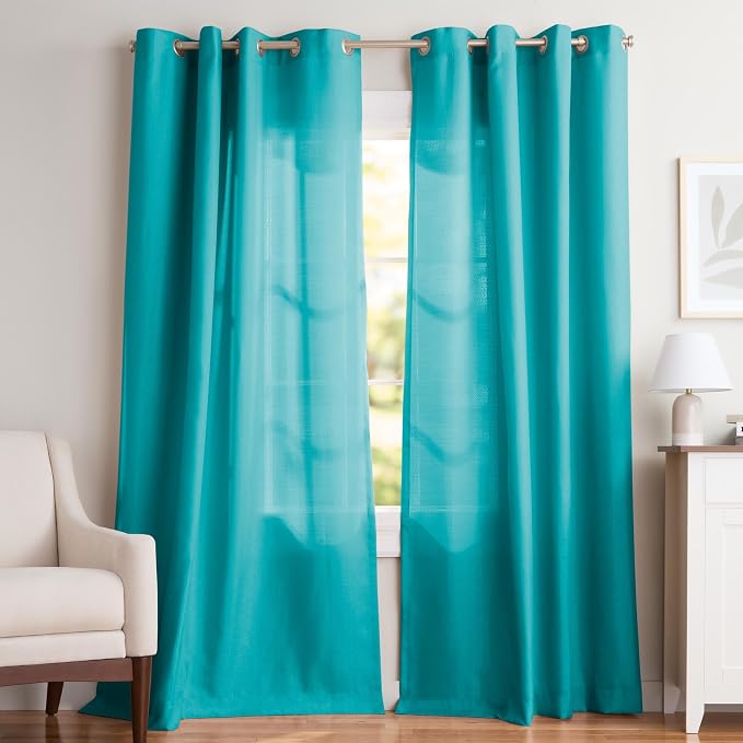 Exclusive Home Loha Linen Grommet Top Curtain Panel Pair, 100% Polyester, 54"x84", Blue Teal