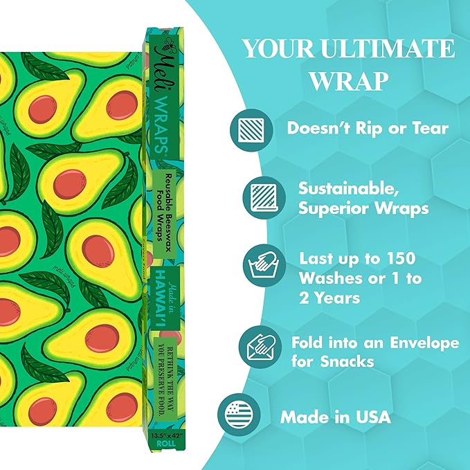 Meli Wraps - Reusable Beeswax Wrap Roll, Zero Waste Bees Wax Wraps for Covering Food, Kitchen Roll for Food Storage, 13.5 x 42, Avocado
