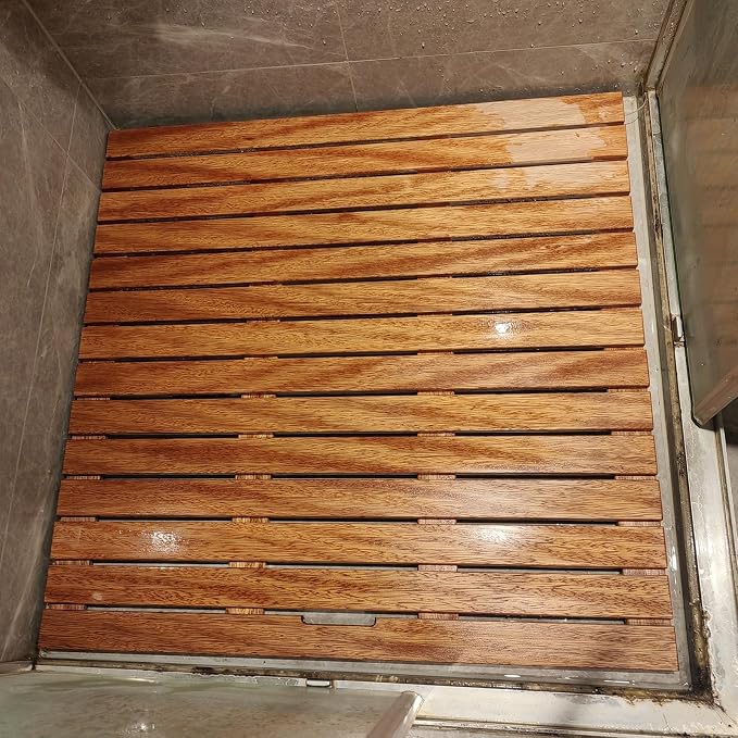 Non Slip Wood Bathroom Mat, Sturdy Teak Shower Mat, Natural Bamboo Floor Mat for Spa Home Outdoor, Waterproof Durable