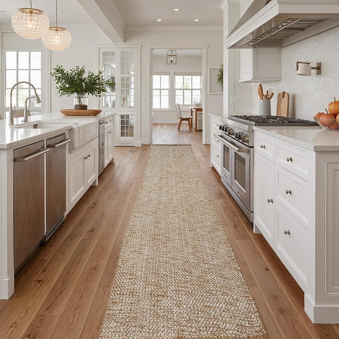 Collive Boho 18 ft Long Runner Rug for Hallway, Washable Kitchen Runner, Cotton Hand-Woven Farmhouse Neutral Carpet Runners, Tan/Cream Low Pile Entryway Floor Runners for Bedroom