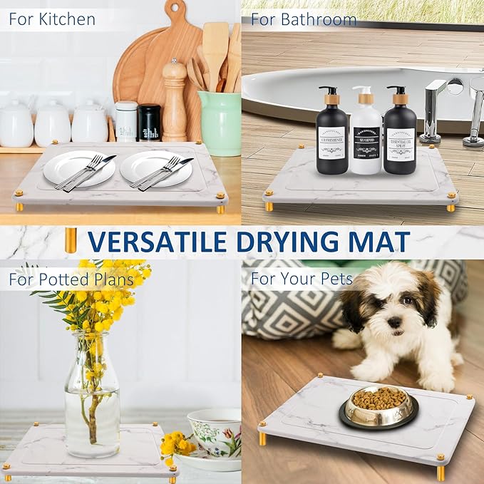 Stone Dish Drying Mat for Kitchen - 3Pcs Stone Drying Mats, Water Absorbing Quick Dry Coffee Tray, Diatomaceous Earth Dish Pad for Sink Counter, Large & Small Multi-Purpose Bottle Rack, Ivory-Marble