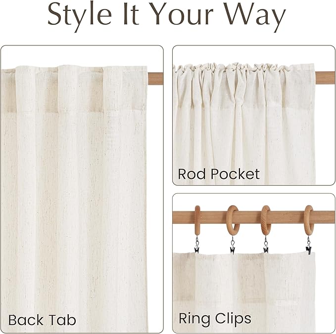 NICETOWN Cream Linen Kitchen Curtains 18 inches Long, Rod Pocket & Back Tab Thick Flax Blend Privacy with Light Filtering Short Window Treatments for Cafe, W55 x L18, 2 Panels