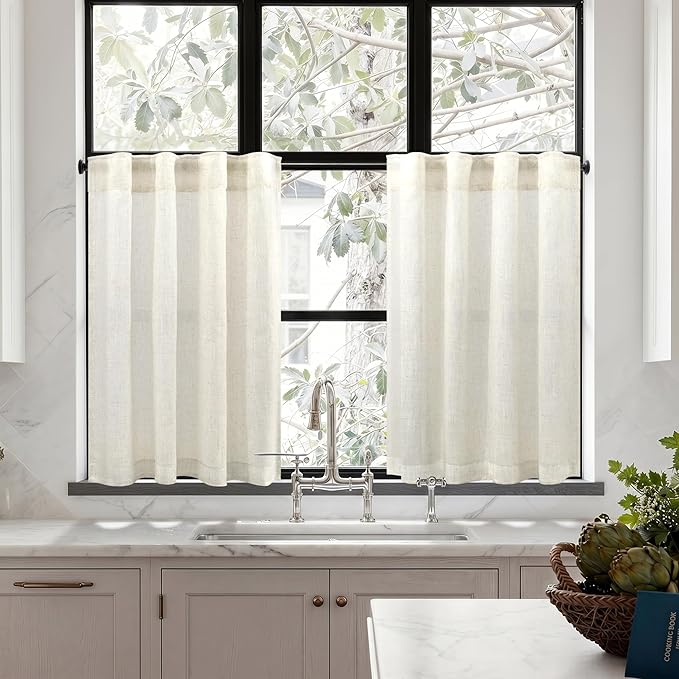 Cream Linen Cafe Curtains 30 Inch Length for Kitchen Windows Over Sink Semi Sheer Light Filtering Tier Curtain Back Tab Rod Pocket Modern Farmhouse Drape for Bathroom Small Half Window 2 Panel 34 x 30