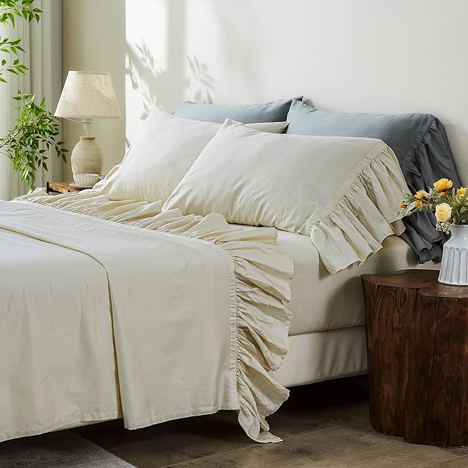 Simple&Opulence 100% Organic Cotton Sheet Set, Long Ruffle Bed Sheets (1 Flat Sheet, 1 Fitted Sheet and 2 Pillowcases) Elegant Shabby Chic Bedding Farmhouse Charming Vintage - Beige, Full