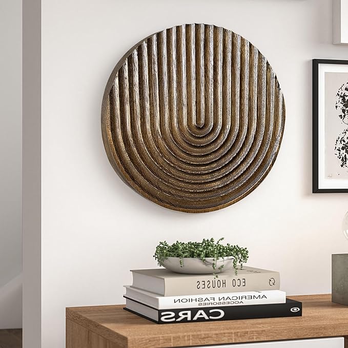 Musanpou Hand-carved Round Art Decor for Home and Living Room Wall Simple Wooden Farmhouse Wall Decor (brown)