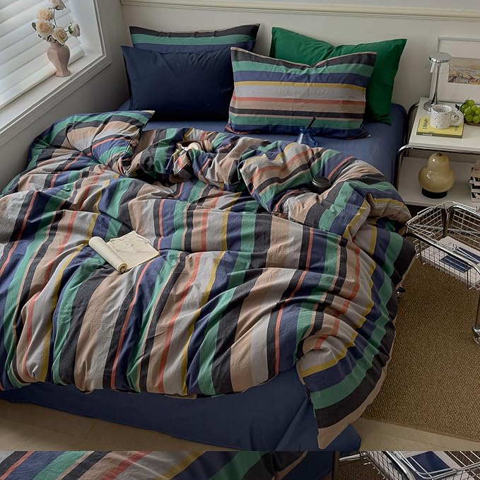 mixinni Vintage Striped Duvet Cover Full 100% Washed Cotton Bedding Set Retro Mid Century Modern Striped Duvet Cover with Zipper Closure Corner Ties for Kids Teens Dorm