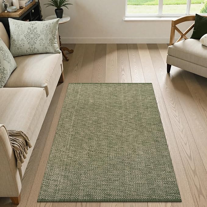 LEEVAN Washable Kitchen Rugs 3x5, Green/Natural Bedroom Rug, Cotton Woven Entryway Rug, Modern Braided Door Mat, Farmhouse Living Room Rugs, Reversible Carpet for Laundry Room Front Porch Outdoor Rug