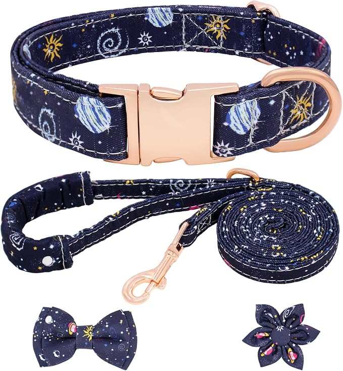 Dog Collar and Leash Set Adjustable Girls Puppy Floral Collars with Bow Tie for Small Medium Large Dogs(XS, Blue Planet)