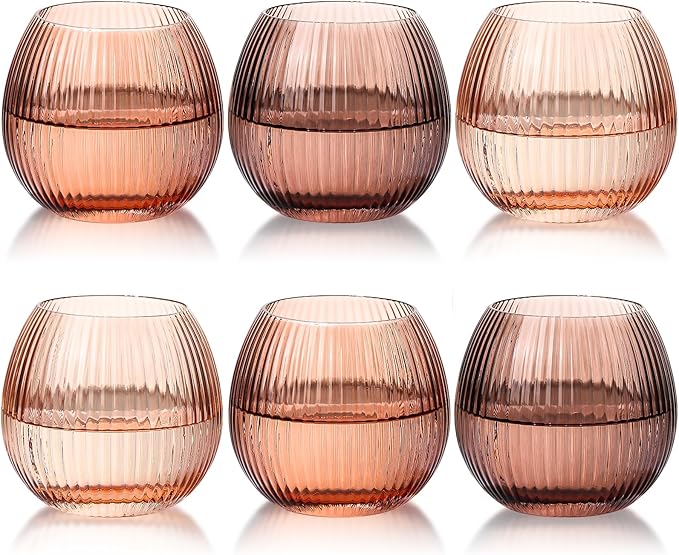 JOVGANK Venus Ribbed Drinking Glasses Set of 6-10.8 OZ Stemless Wine Champagne Whiskey Cocktail Glass, Reusable Wine Cups for Home Party Wedding Bar