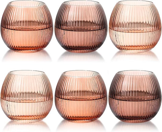 JOVGANK Venus Ribbed Drinking Glasses Set of 6-10.8 OZ Stemless Wine Champagne Whiskey Cocktail Glass, Reusable Wine Cups for Home Party Wedding Bar