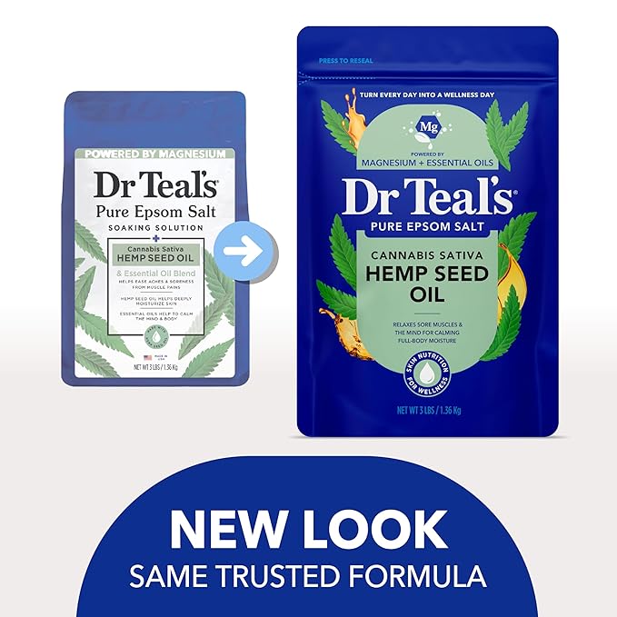 Dr Teal's Pure Epsom Magnesium Salt Soak, Cannabis Sativa Hemp Seed Oil, 3 lb
