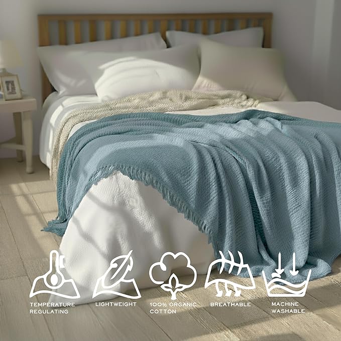 KyraHome Muslin Blankets for Adults, 100% Organic Cotton Blanket Plant Dyed, Breathable Lightweight Gauze Throw Blanket for Couch, All Season, 50"x60" (Slate Blue)