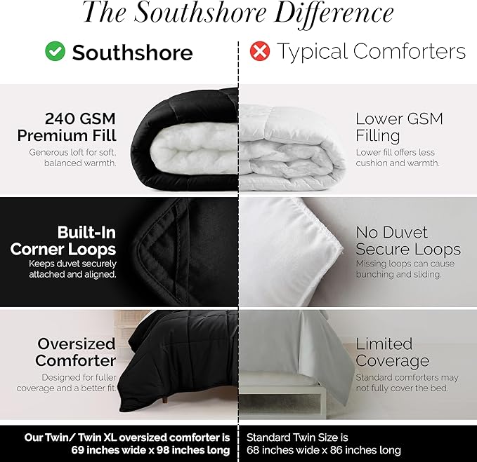 Southshore Fine Living, Inc. Twin/XL Dorm Bedding Comforter, Down Alternative Black Comforter Duvet Insert, Cozy Twin/XL Bed Spread, Machine Washable, Stain Resistant, Black
